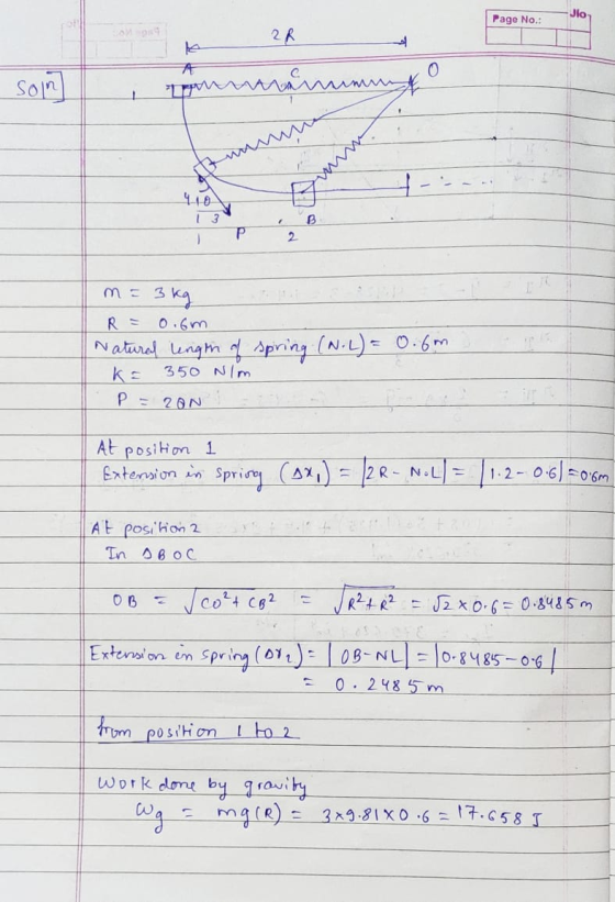 Page No.: 2R Son MAMM vu 410 I P 2 та з като R = 0.6m Natural length of spring (N-L) = k= 350 Nim P= ZON 0.6m At position 1 E