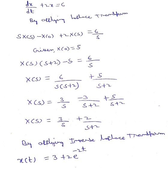 dt de +22=6 By applying Islace transform SXC) –xco) +2X(s) = 5 Given, X(0)=5 XC5) (5+2)-S = XCS) = 6 +5 S 5(5+2) sta X (s) =
