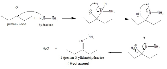 H LI H IN-NH + HN_NH, hydrazine pen tan-3-one NH2 IN H20 + 1-(pentan-3-ylidene)hydrazine (Hydrazone)