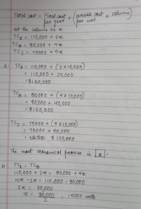 Tatal cast a Firerd cast ben unit ex yeasH volunre be c TCR =-110,000+ 2C, Teg 30,000 + _4ng TC 15000+5 110,000 + 20,000 130,