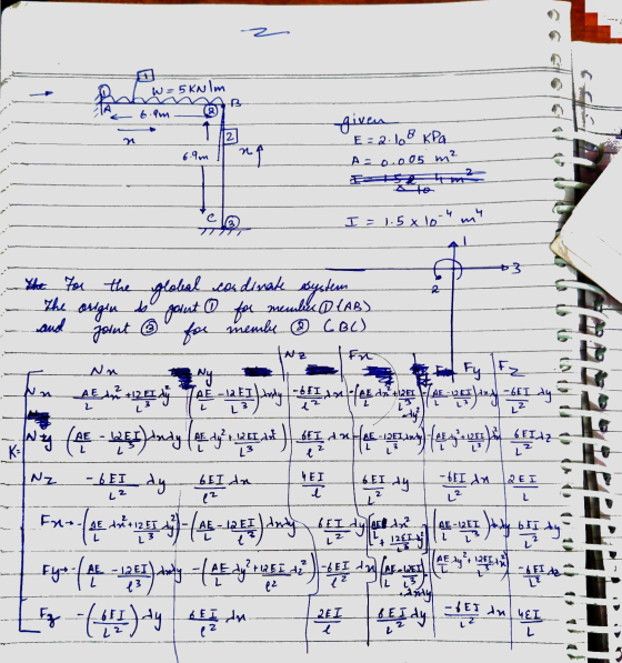 Bahw = 5KNIM 6.9m 2 given E=2.108 kPa A = 0.005 m² 6.9m na 2 le I = 1.5x 10-4 my +3 -2 Yote for the global condenak system th