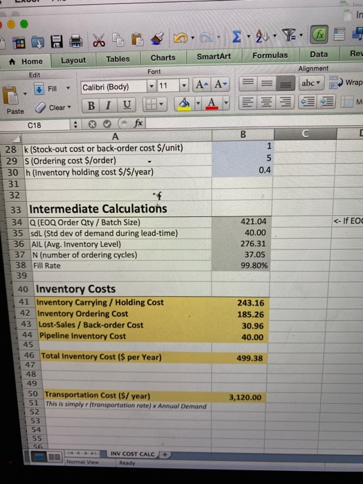 In Re Data Formulas SmartArt Charts Tables Layout A Home Alignment Font Edit A A- abc Wrap Calibri (Body) - 11 Fill M- BIU Cl