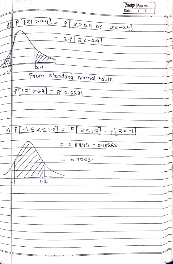 Lucky Page No.: Date : J) P[12130.43 = p[720.4 or = 2.P[ 22-0.47 <-0.47 0.4 From standard normal table, P[12170.43 = 27.0.689