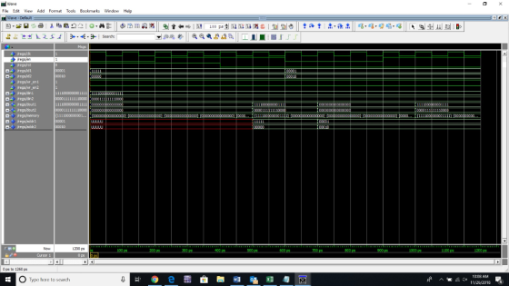 EWave 0 Edit View Add Format Tools Bookmarks Window Help Wiave-Default Msgs regsjen regs/rst regs/id1 regs/ld2 10 fregs/wr_en2 regs/din1 regs/din2 111100000000111 regsymemary regsjaddr1 (111100000000 1.. 1200 ps 400 O ps to 1260 ps 1008 AM O Type here to search