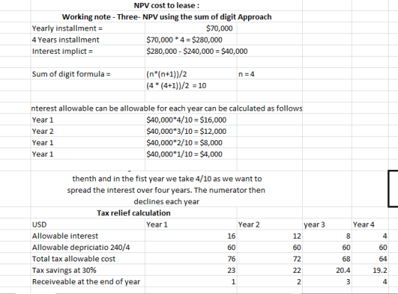 NPV cost to lease: Working note - Three- NPV using the sum of digit Approach $70,000 Yearly installment- 4 Years installment