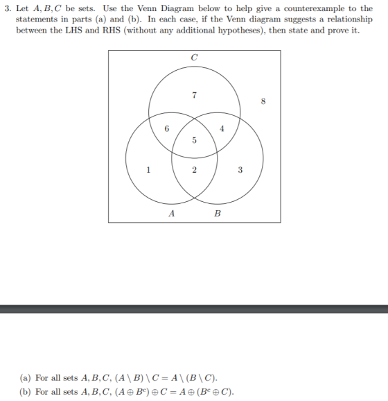 3. Let A, B, C be sets. Use the Venn Diagram below to help give a counterexample to the statements in parts (a) and (b). In e