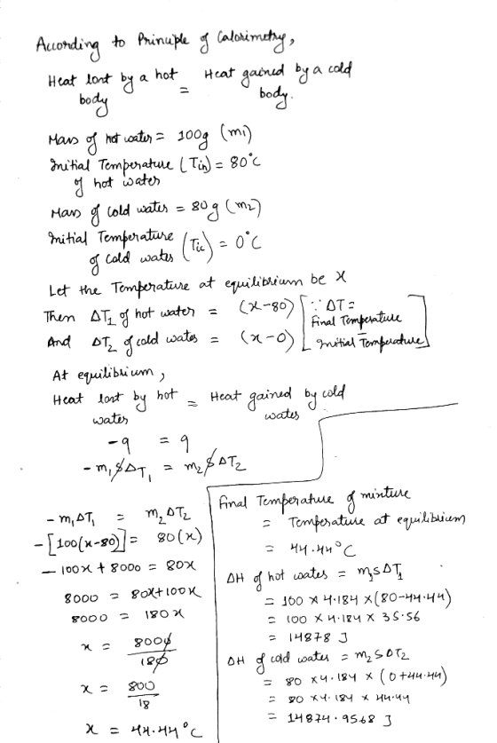 According to Principle of Calorimetry, Heat lost by a hot Heat gained by a cold 1 body body. Mars of hot water = 100g (mi) In