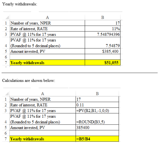 Yearly withdrawals: B 17 11% 7.548794396 A 1 Number of years, NPER 2 Rate of interest, RATE 3 PVAF @ 11% for 17 years PVAF @