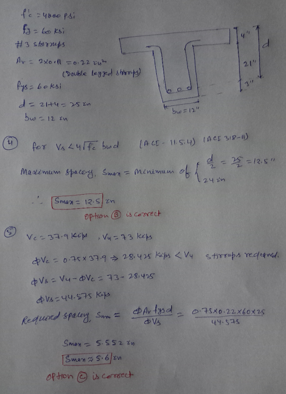 fc = 4000 psi = 60ksi #3 Stirrups 21 Av = 2xoill 6.22 24² (Double legged stormps) fys-boksi d=2144=25in Od bu = 12 buc 12 i