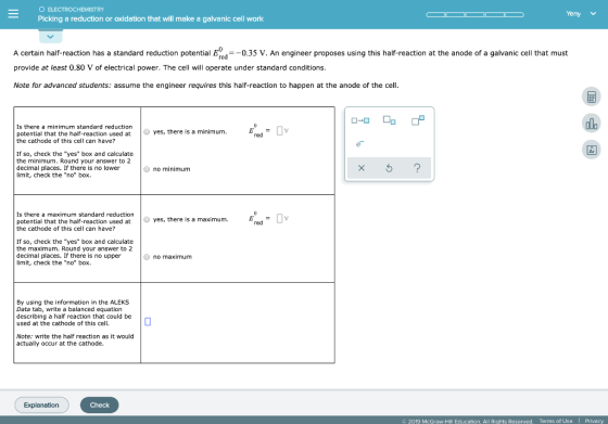 O ELECTROCHEMISTRY Picking a reduction or oxidation that will make a galvanic cell work OOOO Yeny v A certain half-reaction h