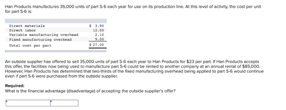 Han Products manufactures 35,000 units of part 5-6 each year for use on its production line. At this level of activity, the c