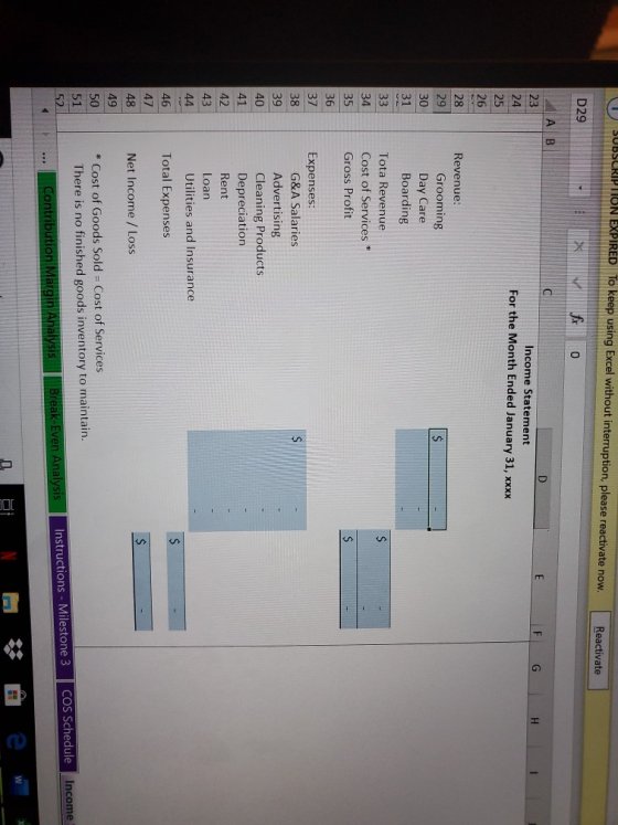 SUBSCRIPTION EXPIRED To keep using Excel without interruption, please reactivate now. Reactivate fr D29 А в 0 Income Statemen