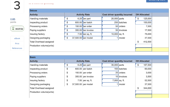 0.85 points (8 00:37:52 Deluxe Activity Handling materials Inspecting product Processing orders Paying suppliers Insuring fac