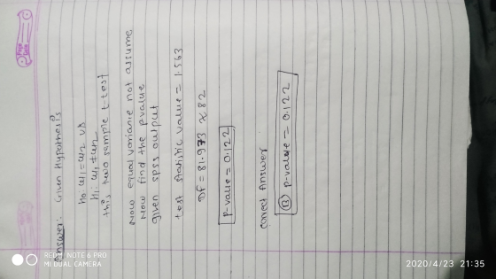200 2. Criven Hypothesis MIDUAL CAMERA REDMI NOTE 6 PRO Hoi cell=42 uk Hi , tuz this two semple t-test Now Now giren equal va