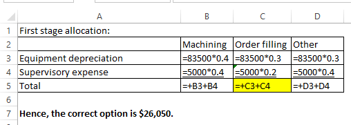 1 First stage allocation: 3 Equipment depreciation 4 Supervisory expense 5 Total Machining Order filling Other =83500*0.4 =83