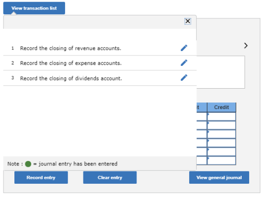 View transaction list 1 Record the closing of revenue accounts. 2 Record the closing of expense accounts. 3 Record the closin