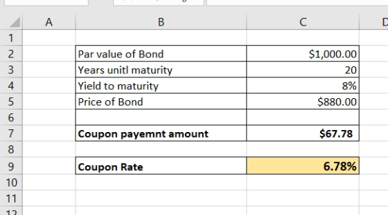 BC $1,000.00 20 Par value of Bond Years unitl maturity Yield to maturity Price of Bond 8% $880.00 Coupon payemnt amount $67.7