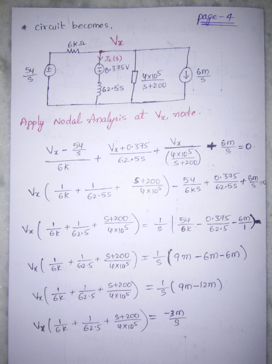 page-4 * Circuit becomes, 6km Vx 54 6m • Ilis) 60.3750 Muxios 362055 S+200 Apply Nodal. Analysis at vi node. 6m Vx- 54 Vx+0.3