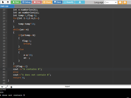 Run Debug Stop Share Save {} Beautify Language C++ main.cpp 23 24 25 26 27 - 28 29 30 31 32 33 - 34 35 36 37 38 - 39 40 41 42