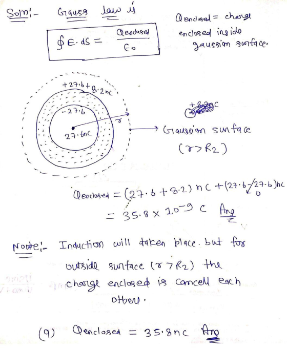 1 Som- Gauss law is A enclosed charge enclosed inside gaussion surface. Qendused to $e.ds = +2716+ +8.2nc - 27.6 27.6nC Gauss