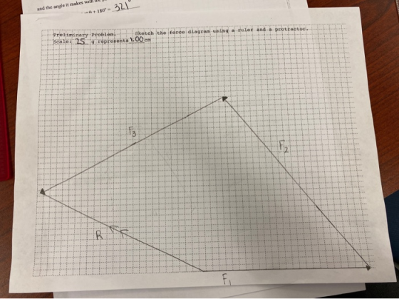 and the angle it -4+180- 32 rules and protractor Preliminary Problem Sketch the force diagram using Scaler 25 g representa 1.