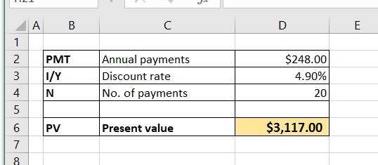 B PMT Annual payments Discount rate No. of payments $248.00 4.90% 20 -NMONOC PV Present value $3,117.00