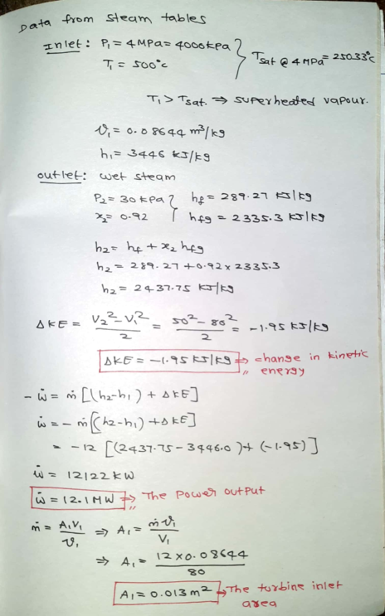 Data from steam tables Inlet : Pi = 4mPaz 4000 kea T = 500°c Tsat @ 4 MPa 25033 Tis Tsat. superheated vapour. &=0.08644 m3/kg
