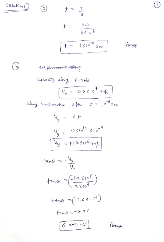 solution 7 t = 7 - t = 0.2 2X107 to X100 Arruer ditplacement etery velocity along X-aks Vm = 200x107 mis aleny Y-directia aft