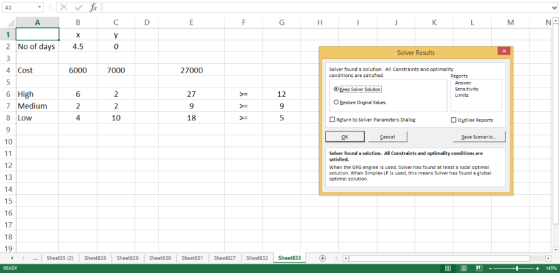 2 No of days 4.5 0 Solver Results 4 Cost 6000 7 7000 27000 Solver found a solution. All Constraints and optimality conditions