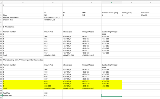 F G Term (years) 4 Conversion Monthly =E23-D24 A B с D E 1 2) 2 FV PV PMT Payment Period (year) 3 Given 2581 0 540 1 4 Nomina