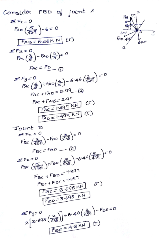 a Consider FBD of joint E Fz=0 FAR ( 5 )-6=0 I FAB = 6:46K MI T) E Foc=0 3mXA FAD Am FAL (2) - FAD (26)=0 FAC = FD 0 E Fy=0 F