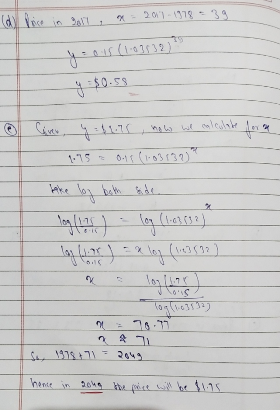 @ Toice in 2011 e 9 = 2017-1978 = 39 y = 0.15 (1:03532) y = $0.58 Given, y = $1.75 , how we calculate for me 1.75 = 0.18 (1.0