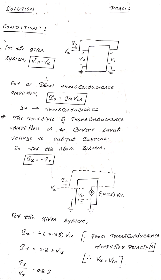 SOLUTION Pager: CONDITIONI: : for the given system, Vin=va Ve Ai + + Vin for an Ideal trans conductance amplifier, I. Im Vin