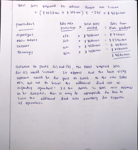Total sales required to achieve target net income - (91638.000 + $ 119.000) = 375 = $ 4680000 Particulars Sales Mix percentag
