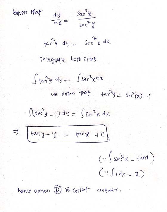2 Given that dy dx = see x tany 2 tany dy= Seca du integrate both sides Stany dy S sechede we know that tanity = Sech(x) - Si