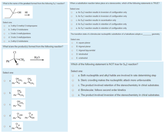 What is the name of the product formed from the following Sn1 reaction? When a substitution reaction takes place at a stereoc
