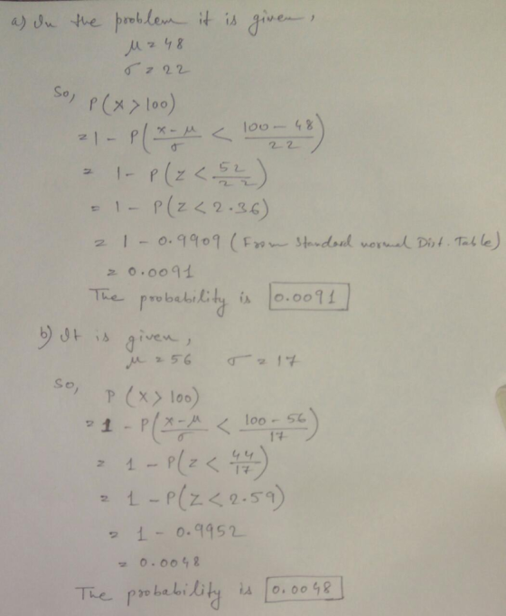 22 as du the problem it is given , M2 48 8222 So P(x > 100) 21 - Pl*-< 100-48). - 1-P (24.52) 1- P(Z <2.36) 2 1 - 0.9909 (Fro