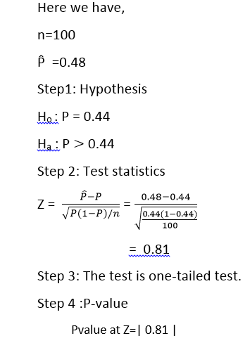 Here we have, n=100 P =0.48 Step1: Hypothesis Ho: P = 0.44 Ha :P >0.44 Step 2: Test statistics Z= P-P P(1-P)/n 0.48-0.44 0.44