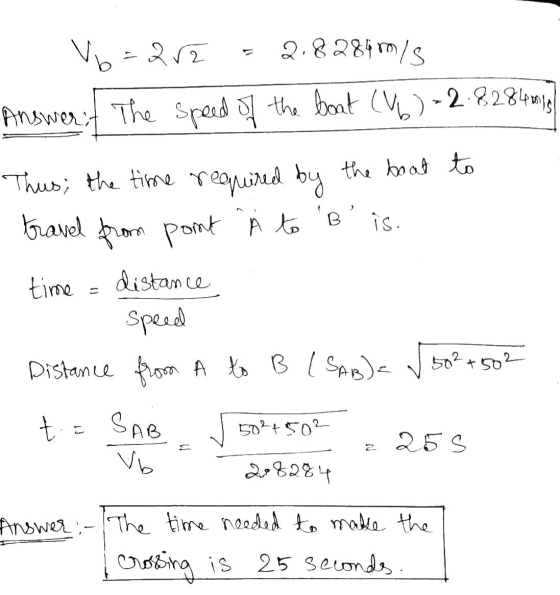 V6 = 252 2.8284 m/s Answer it The speed of the boat (46) = 2.8284015 Thus, the time required by the boat to travel from port