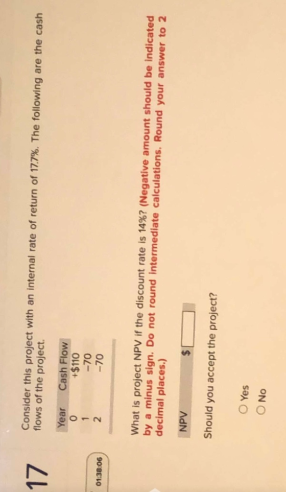17 Consider this project with an internal rate of return of 17.7%. The following are the cash flows of the project. Year 0 1