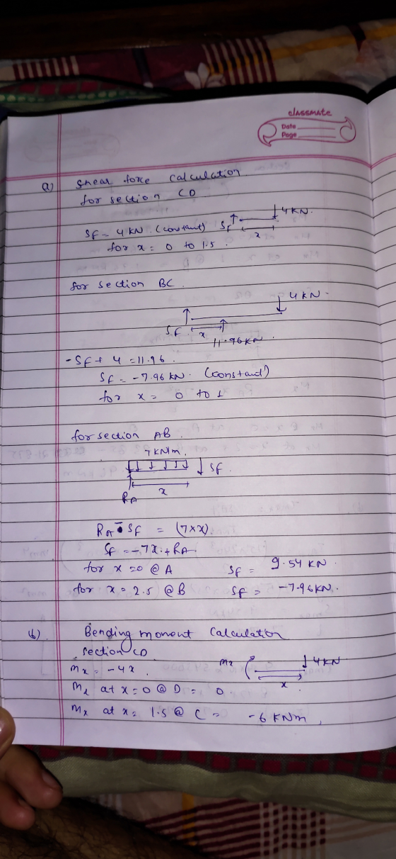 classmate Date Page shear force calculation от се оп со — ykN. SF-4 KN. (conrents sro for a= 0 to 15 ? for section BC . SUKN-