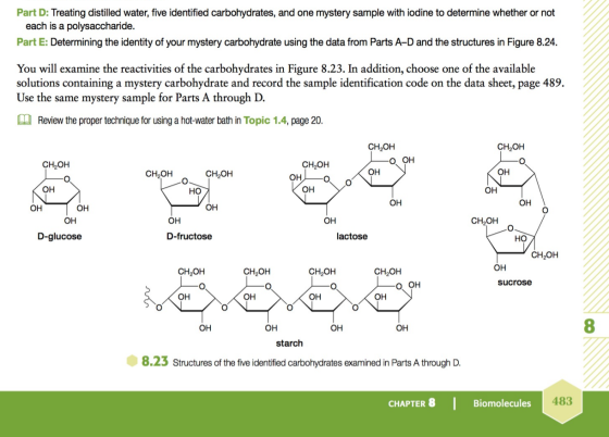Part D: Treating distilled water, five identified carbohydrates, and one mystery sample with iodine to determine whether or n