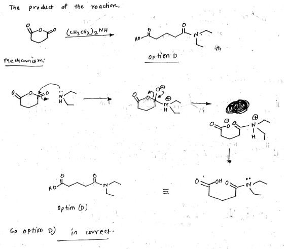 The product of the reaction, ملا (CH₃ CH2)2NH eine Но. option D Mechanismi H 40 I 3 Z- H. OH HO ya 117 option (0) so option D