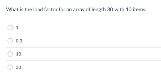 What is the load factor for an array of length 30 with 10 items. O 1 0.3 10 30