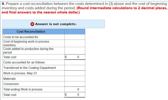 4. Prepare a cost reconciliation between the costs determined in (3) above and the cost of beginning inventory and costs adde