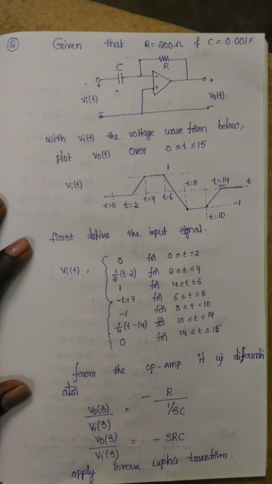 Given that R-a00-n ¢c:0.001F ViCt) Volt) oithvi) tte vo Hage umue foum belr VO Plot votl oveyst 15 vi(t) fro1st the op- Amp В
