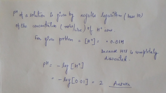 pH of a solution is given by negative logarithm ( base 10) of the concentration (moted like) of H+ ions. for given problem =