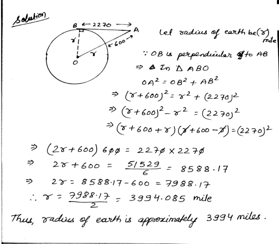 solution BE2270 А lel radius of earth belo) mie *600 0B2 + : OB is perpendicular of to AB -> A In DABO 042 - 082 AB2 (8+600)2