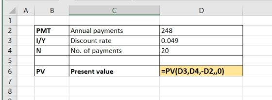 A B D PMT 1/Y Annual payments Discount rate No. of payments 248 0.049 20 Present value =PV(D3,D4,-D2,,0)