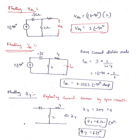Finding the sor HE Vth = (160) (2) - 16-90 Vay Uty 21-90° Finding Ic L -15 HE From Cuneut divide rule ។ isc 3. * 2 12-900 -2